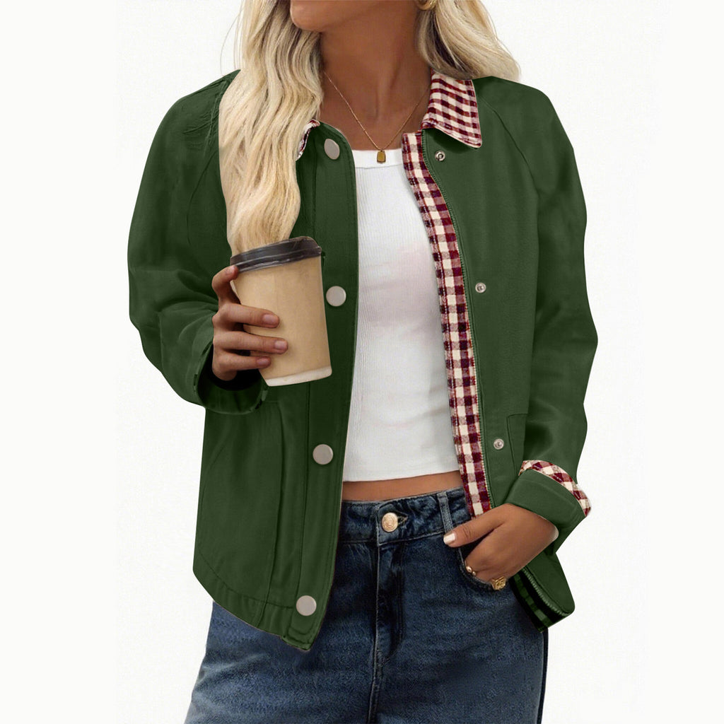 Gingham Contrast Collar Cropped Jacket - Green