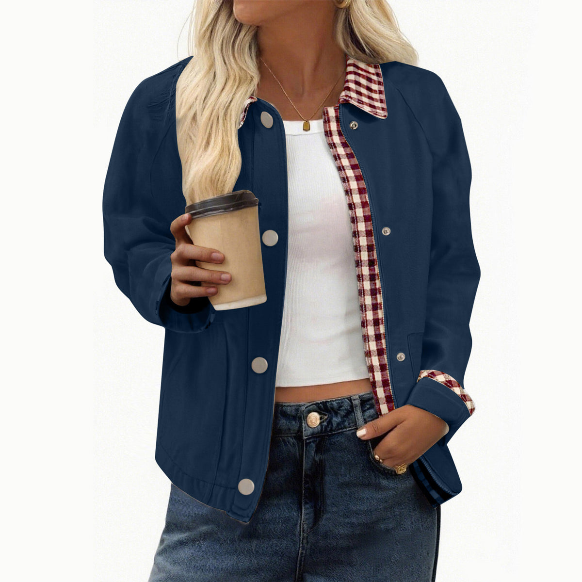 Gingham Contrast Collar Cropped Jacket - Navy