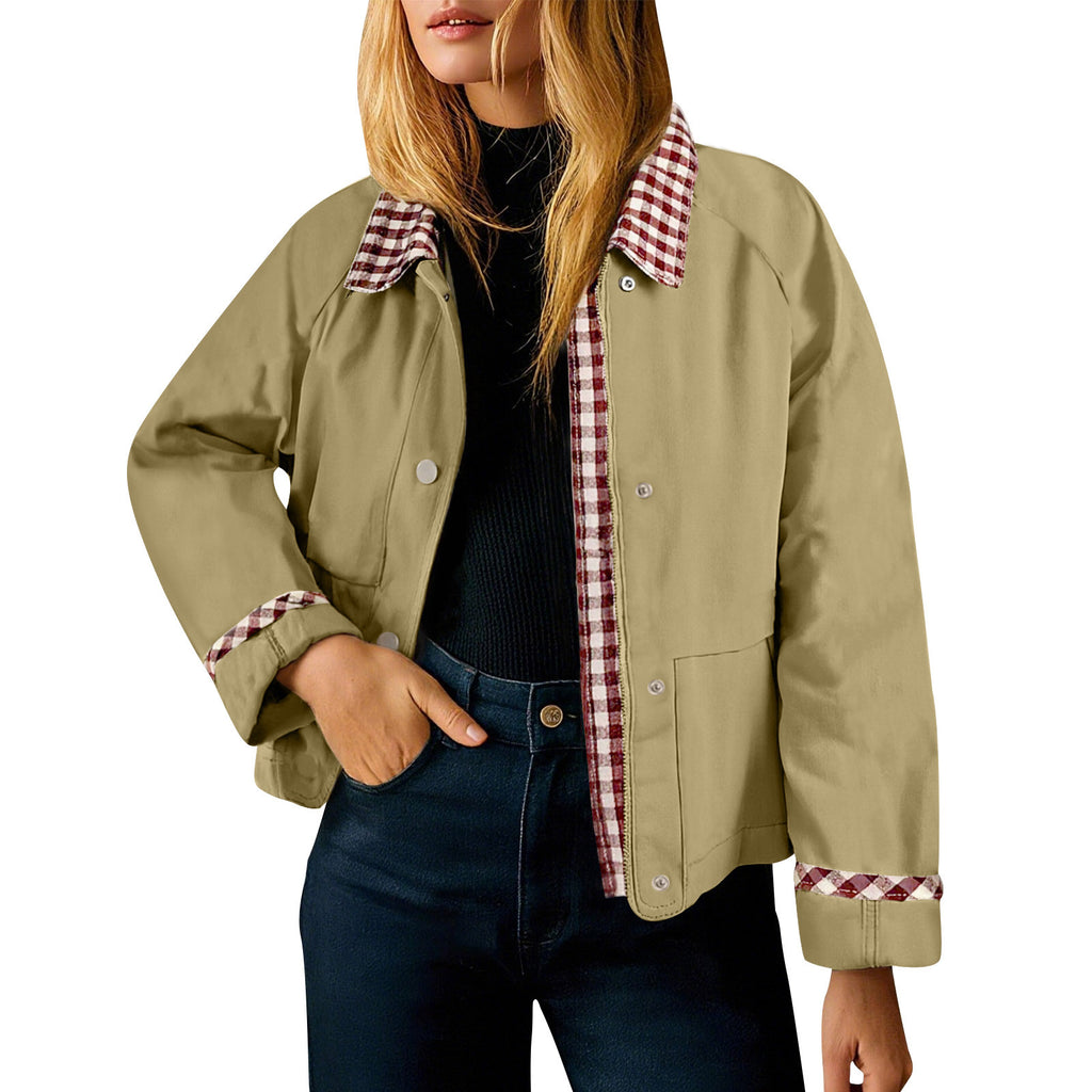 Gingham Contrast Collar Cropped Jacket - Olive