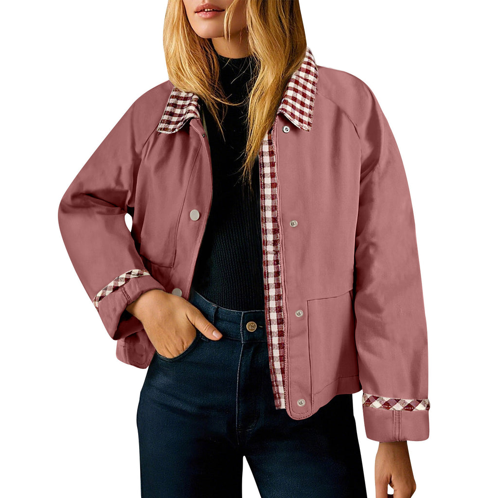 Gingham Contrast Collar Cropped Jacket - Pink