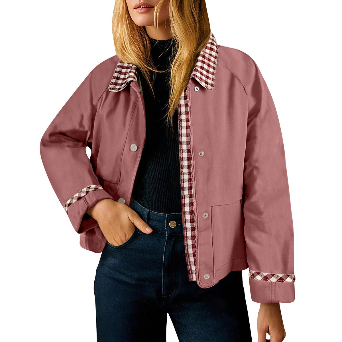 Gingham Contrast Collar Cropped Jacket - Pink