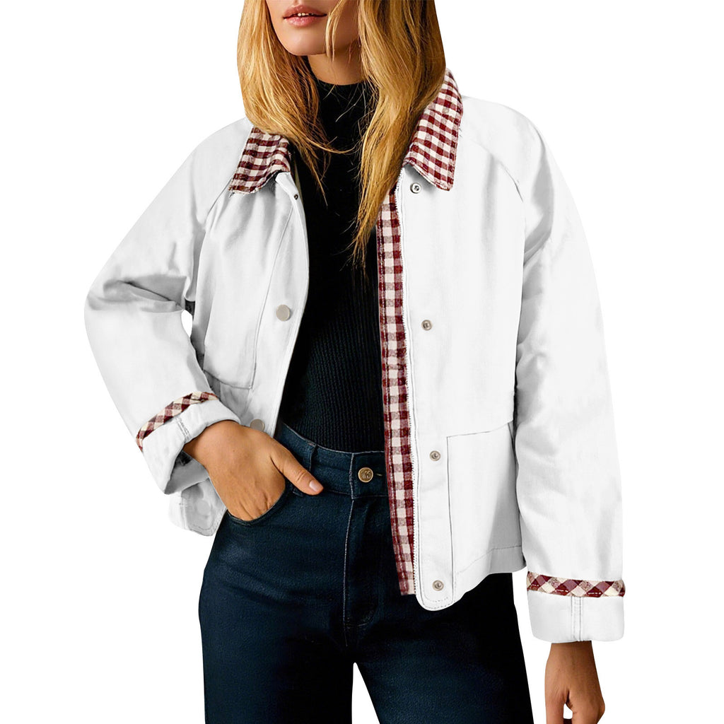 Gingham Contrast Collar Cropped Jacket - White