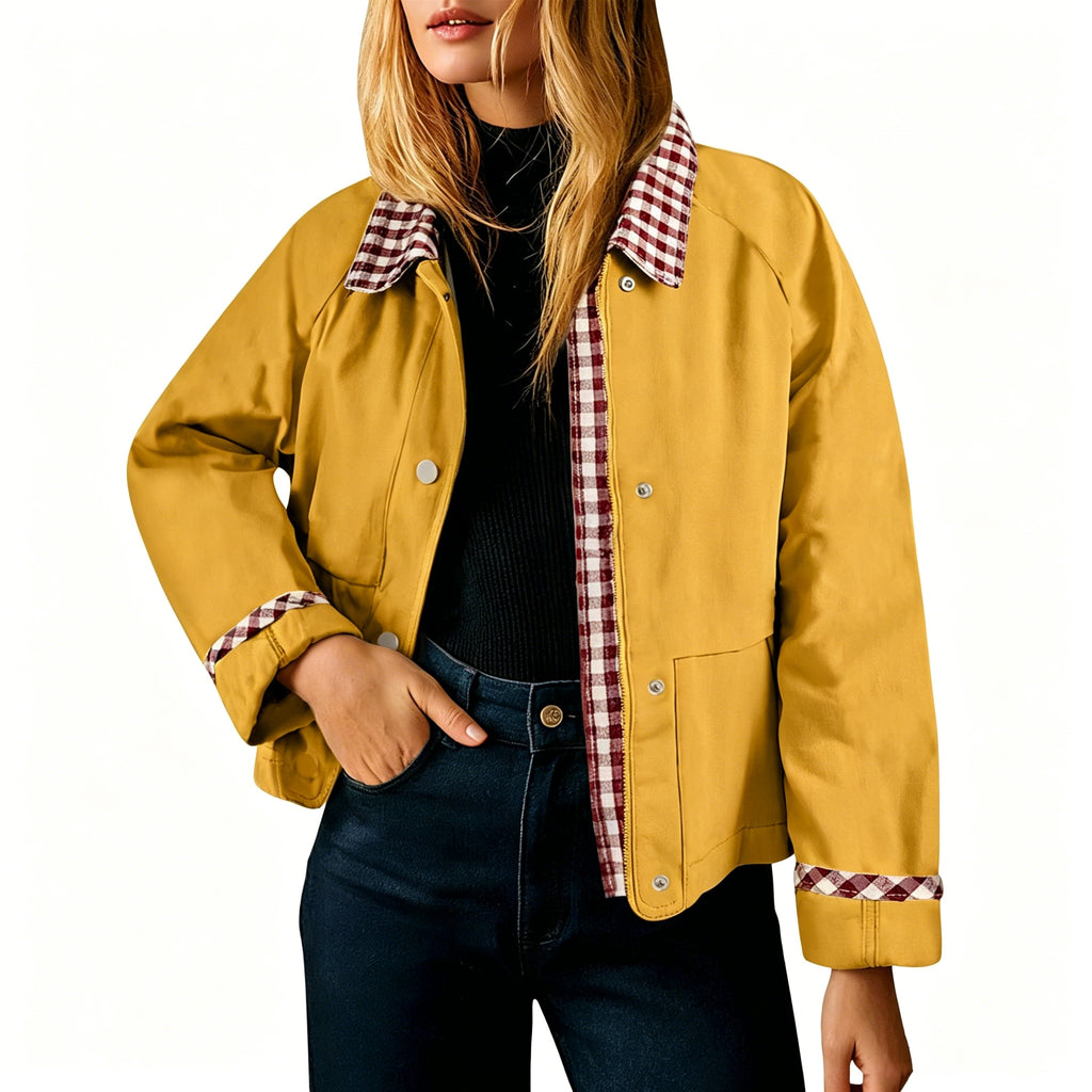 Gingham Contrast Collar Cropped Jacket - Yellow
