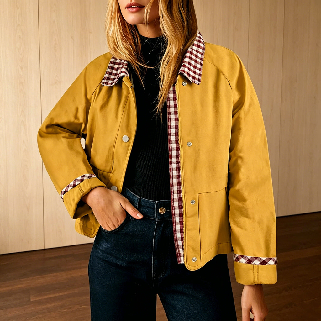 Gingham Contrast Collar Cropped Jacket - Yellow - 1