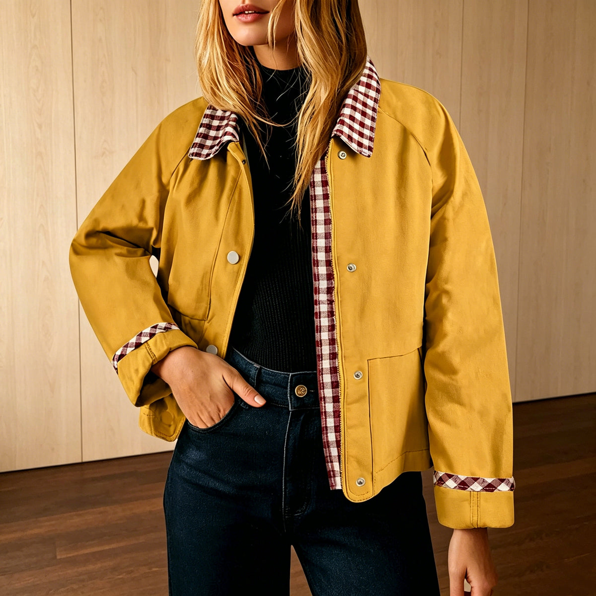 Gingham Contrast Collar Cropped Jacket - Yellow - 1