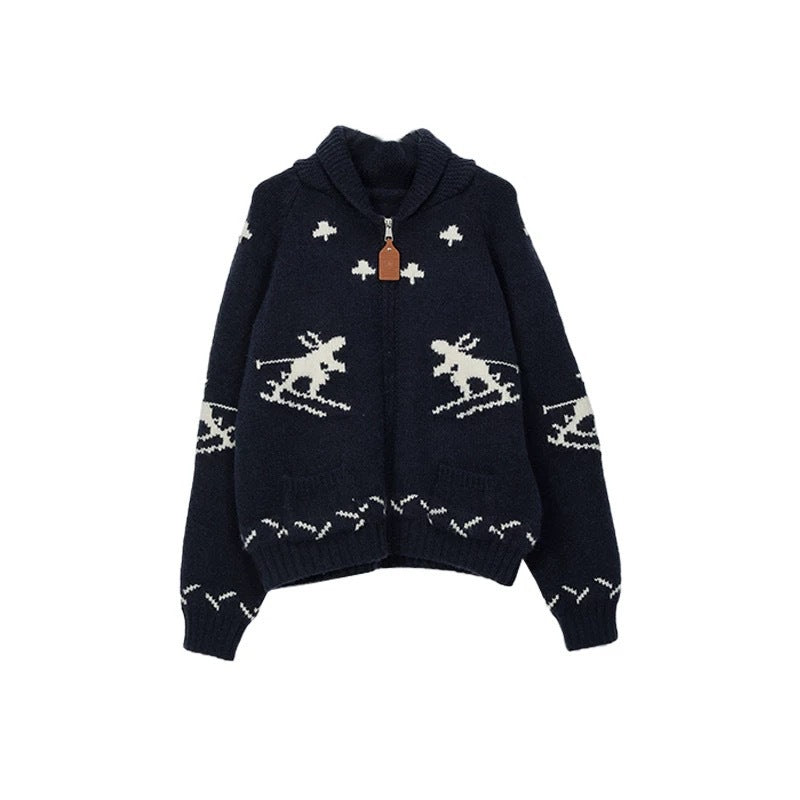 Skier Jacquard Shawl Collar Zip Cardigan - Navyblue