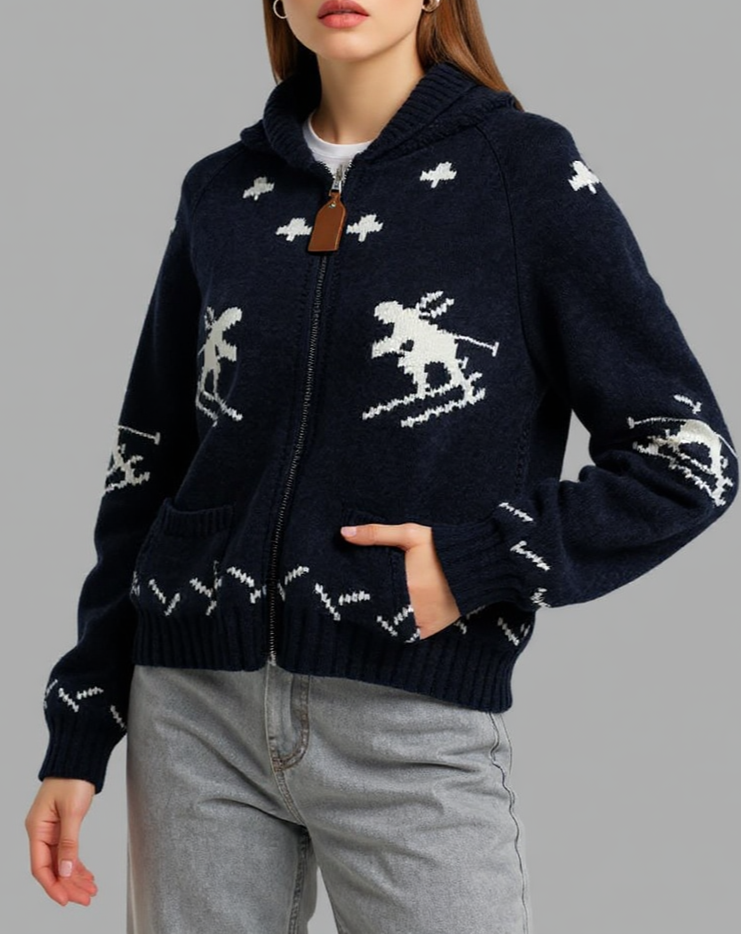 Skier Jacquard Shawl Collar Zip Cardigan - Navyblue - 1
