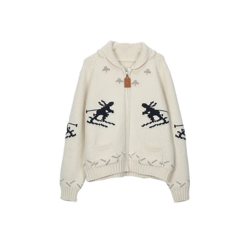 Skier Jacquard Shawl Collar Zip Cardigan - White
