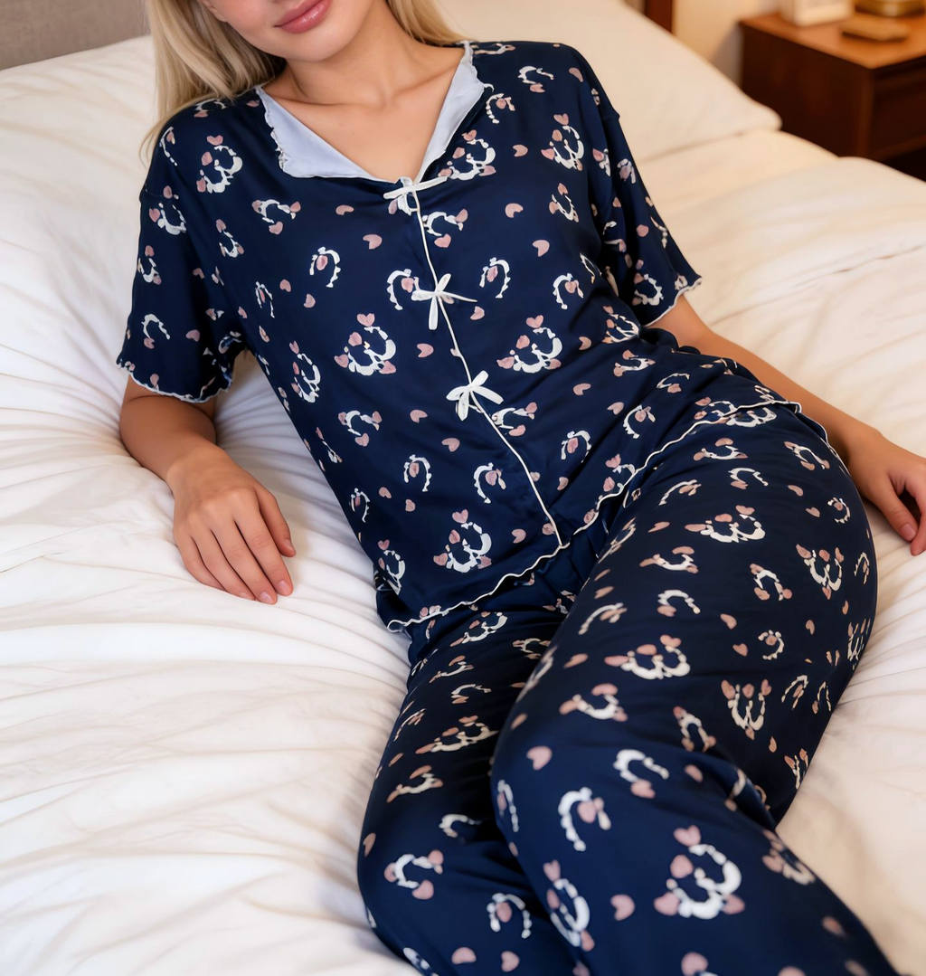 Heart Print Lace Trim Short Sleeve Pajama Set - Blue