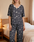 Heart Print Lace Trim Short Sleeve Pajama Set - DeepGrey