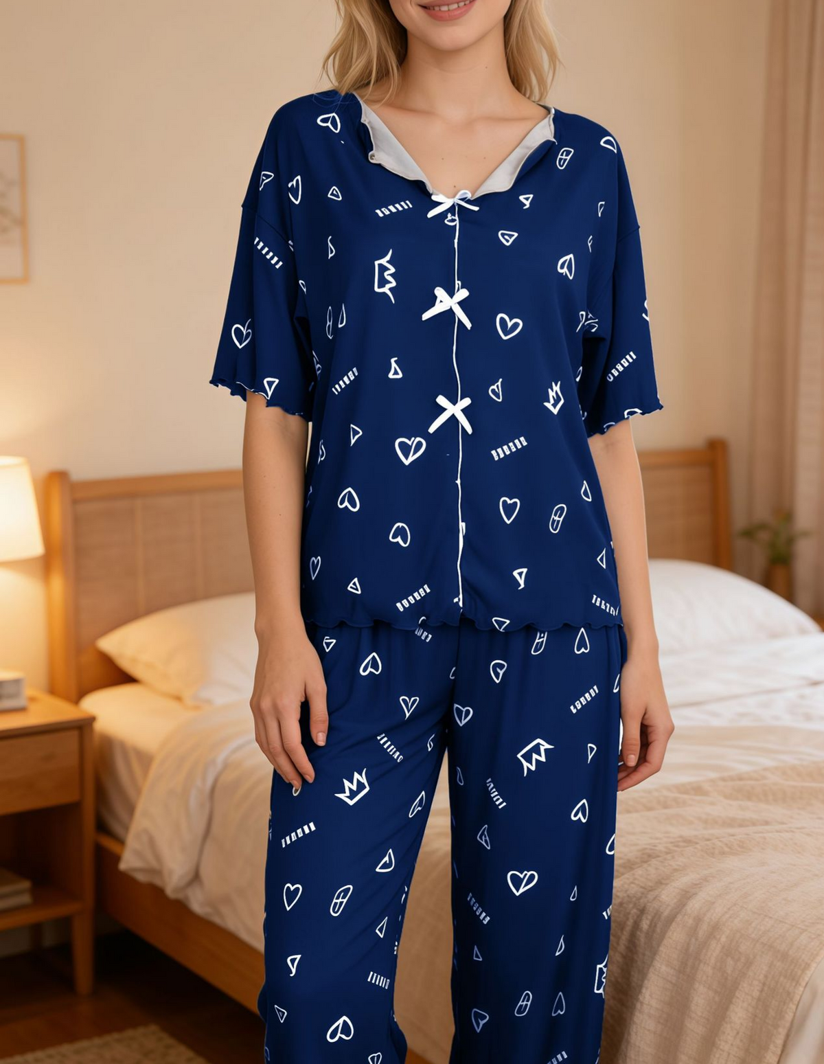 Heart Print Lace Trim Short Sleeve Pajama Set - LBlue