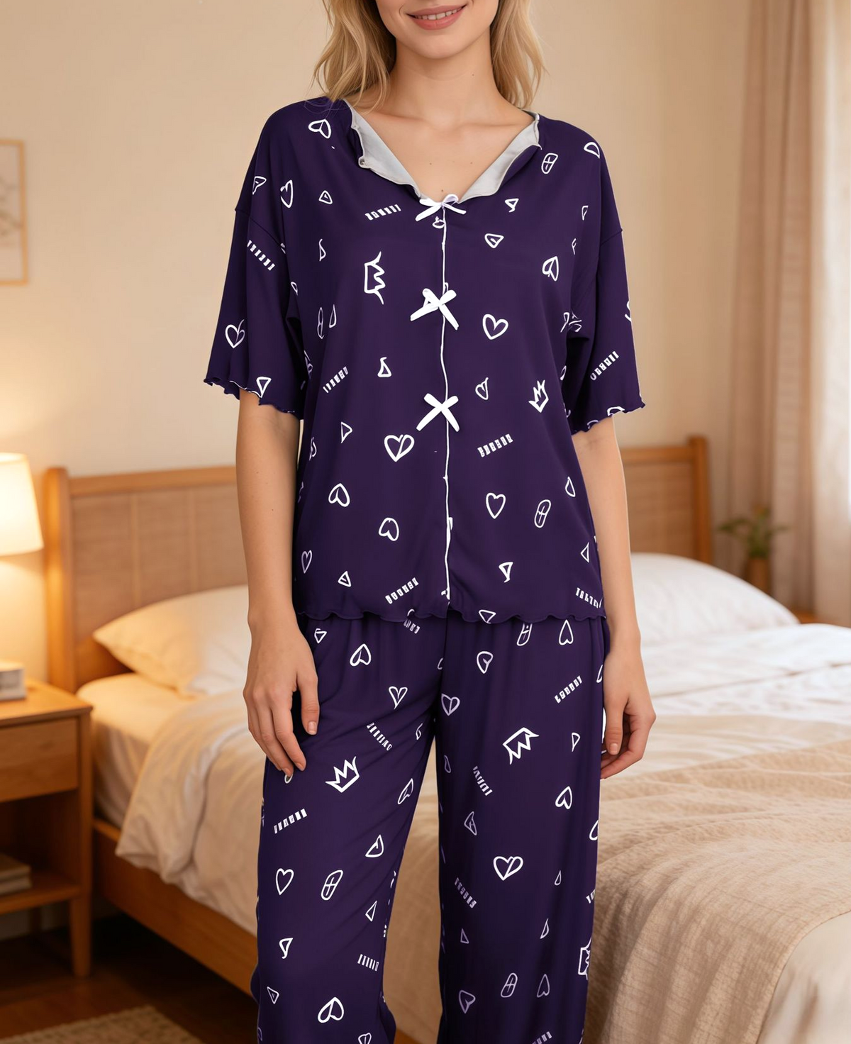 Heart Print Lace Trim Short Sleeve Pajama Set - Purple