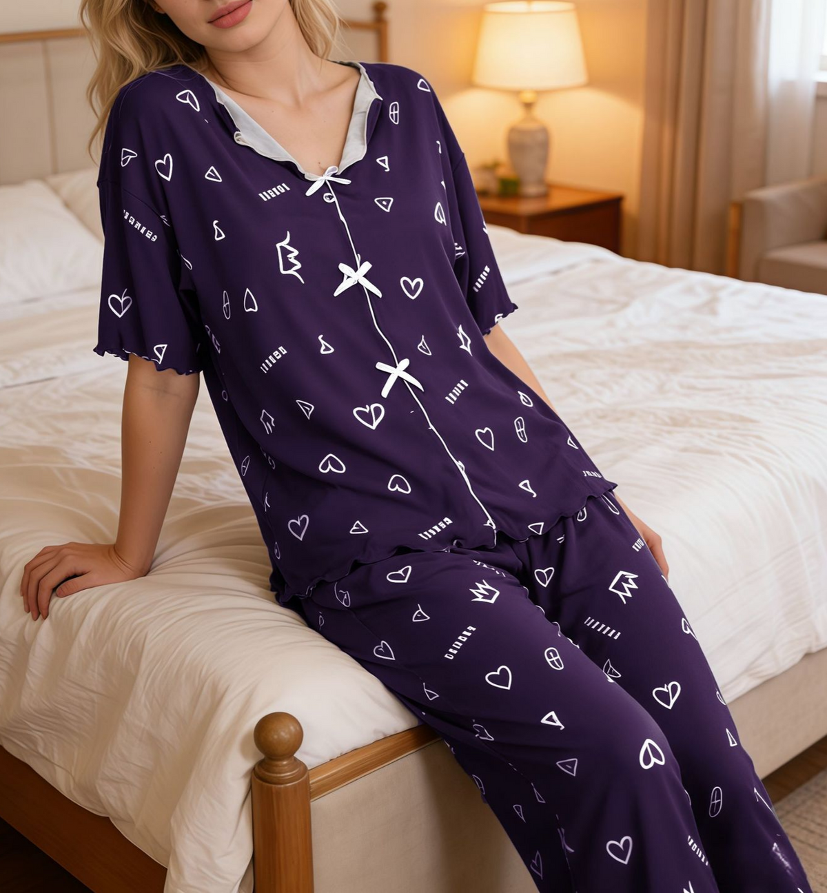 Heart Print Lace Trim Short Sleeve Pajama Set - Purple - 1