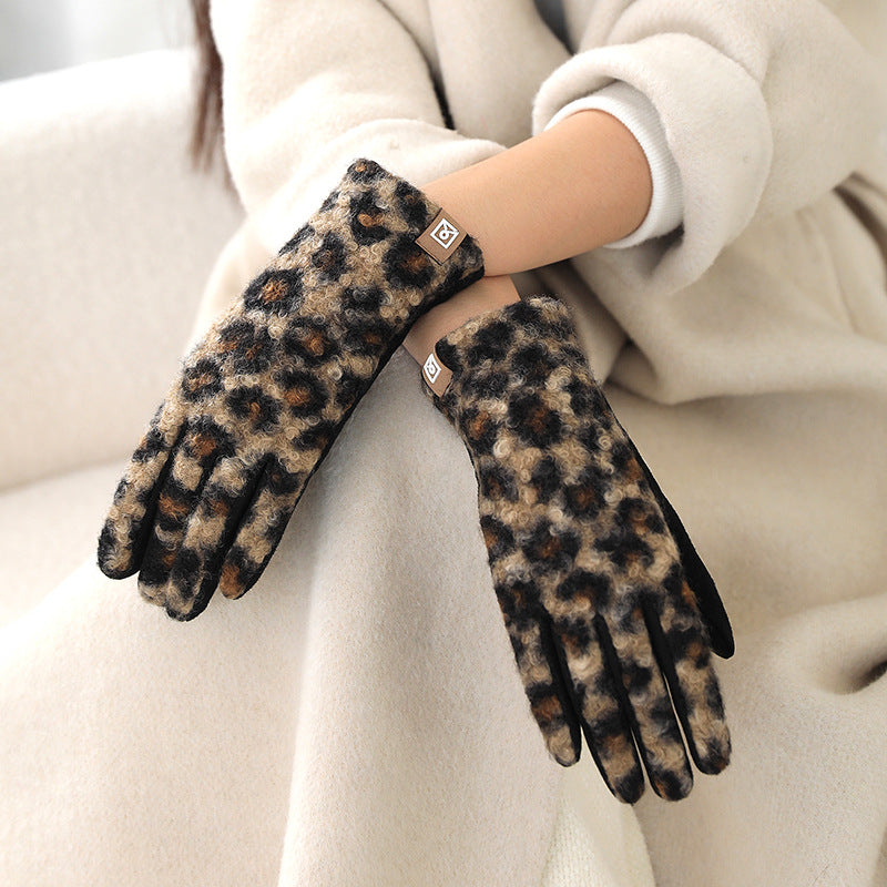 Leopard Print Gloves With Faux Fur Cuff - Coffee