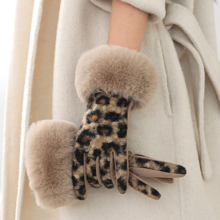 Leopard Print Gloves With Faux Fur Cuff - Fur_C - 1
