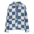Checkerboard Sherpa Fleece Snap Button Jacket - Blue