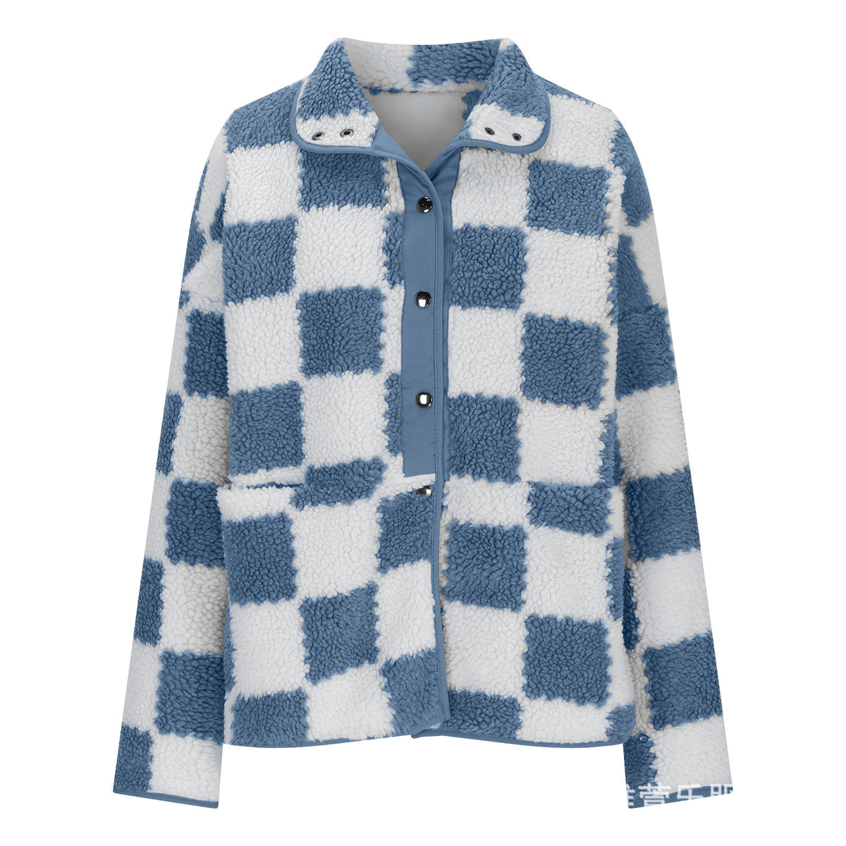 Checkerboard Sherpa Fleece Snap Button Jacket - Blue