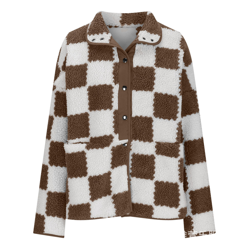 Checkerboard Sherpa Fleece Snap Button Jacket - Coffee