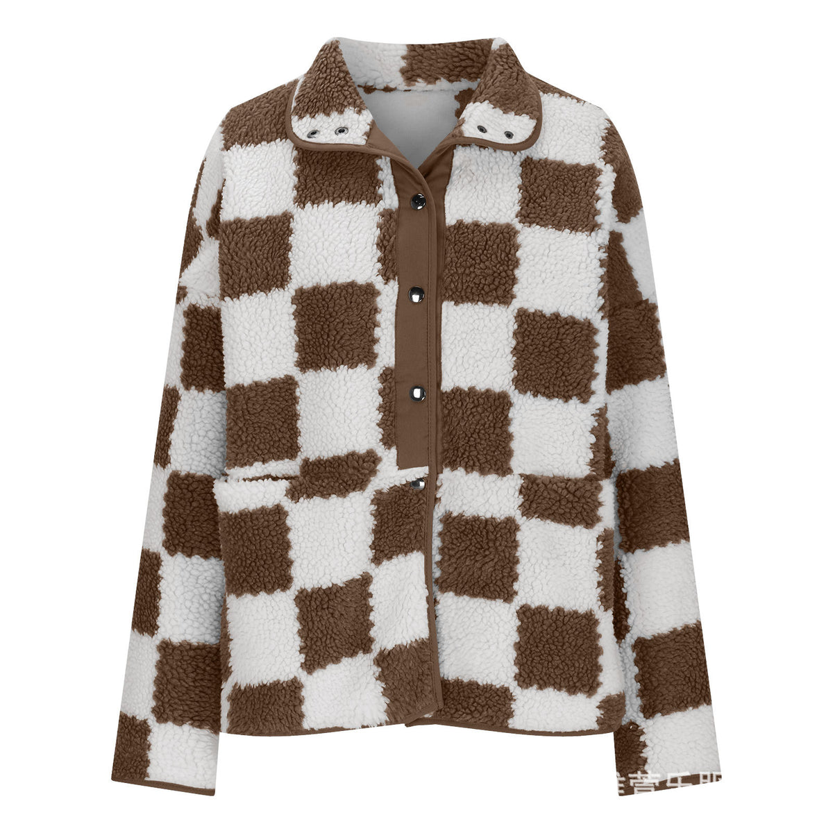 Checkerboard Sherpa Fleece Snap Button Jacket - Coffee