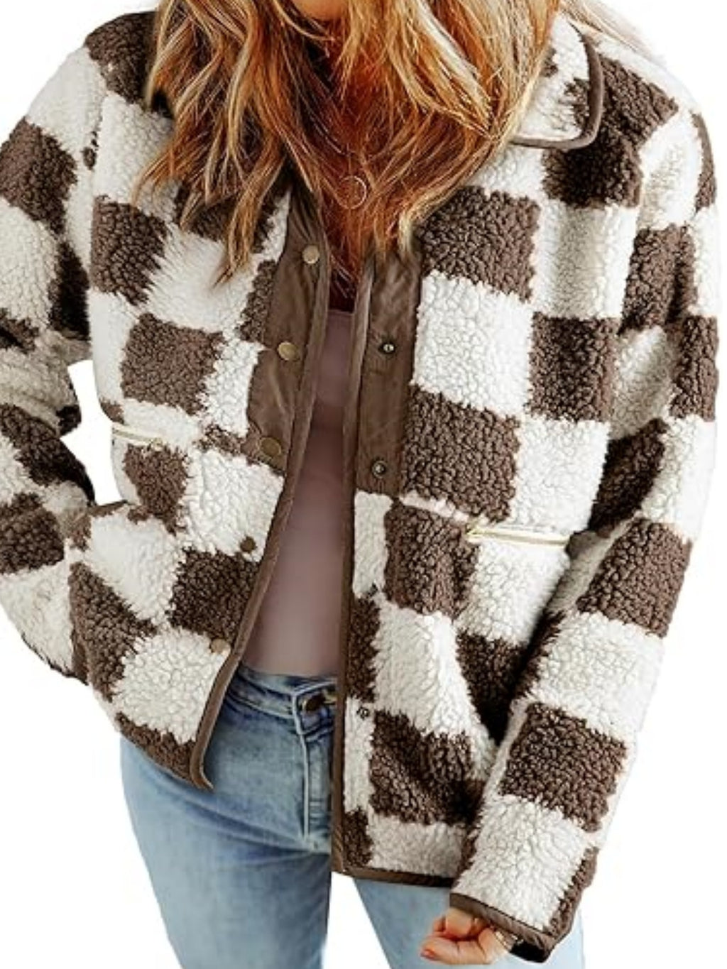 Checkerboard Sherpa Fleece Snap Button Jacket - Coffee - 1