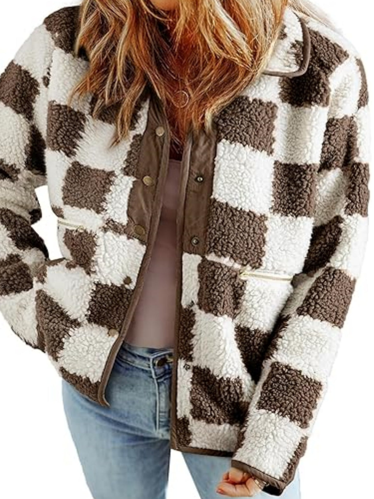 Checkerboard Sherpa Fleece Snap Button Jacket - Coffee - 1