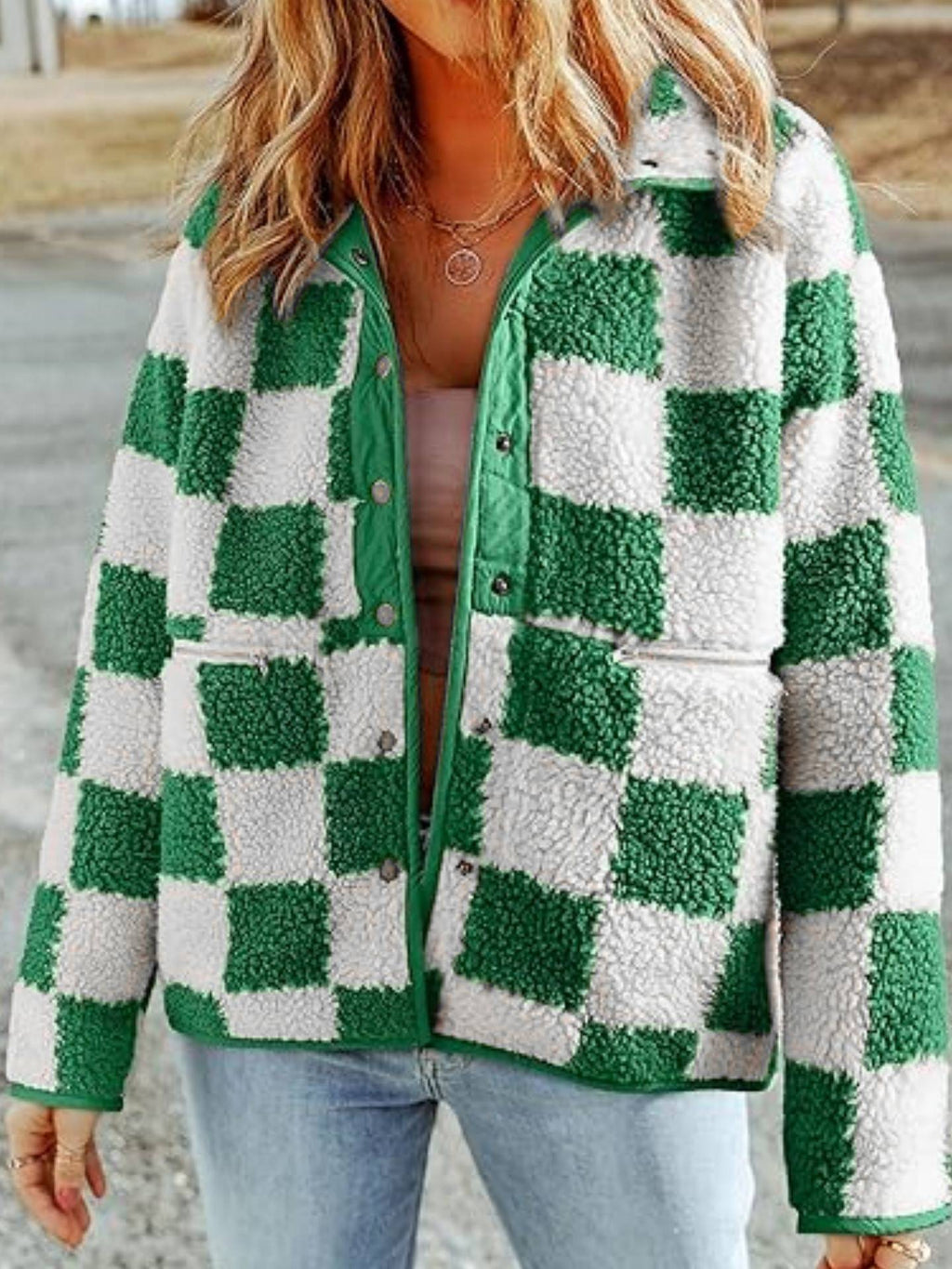 Checkerboard Sherpa Fleece Snap Button Jacket - Green