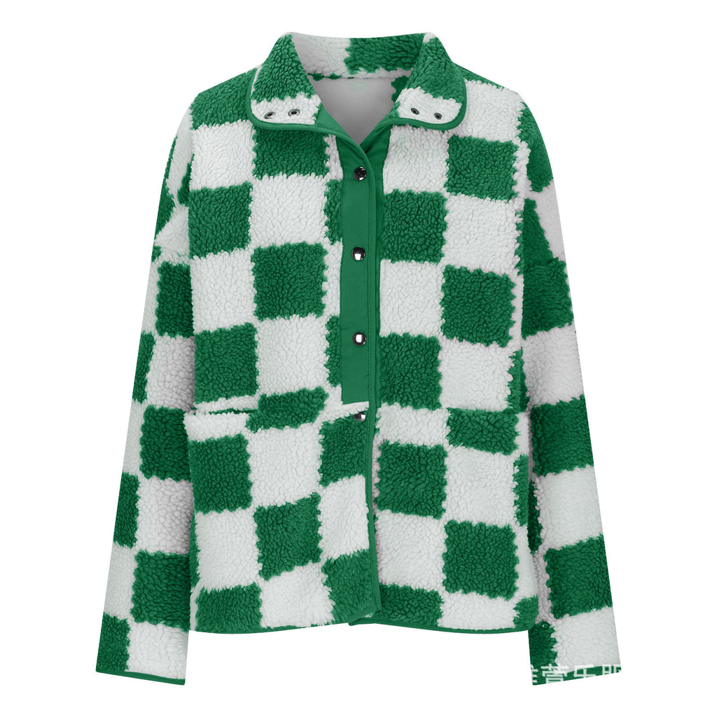 Checkerboard Sherpa Fleece Snap Button Jacket - Green - 1