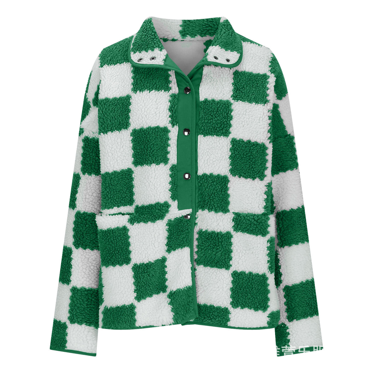 Checkerboard Sherpa Fleece Snap Button Jacket - Green - 1