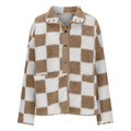 Checkerboard Sherpa Fleece Snap Button Jacket - Khaki
