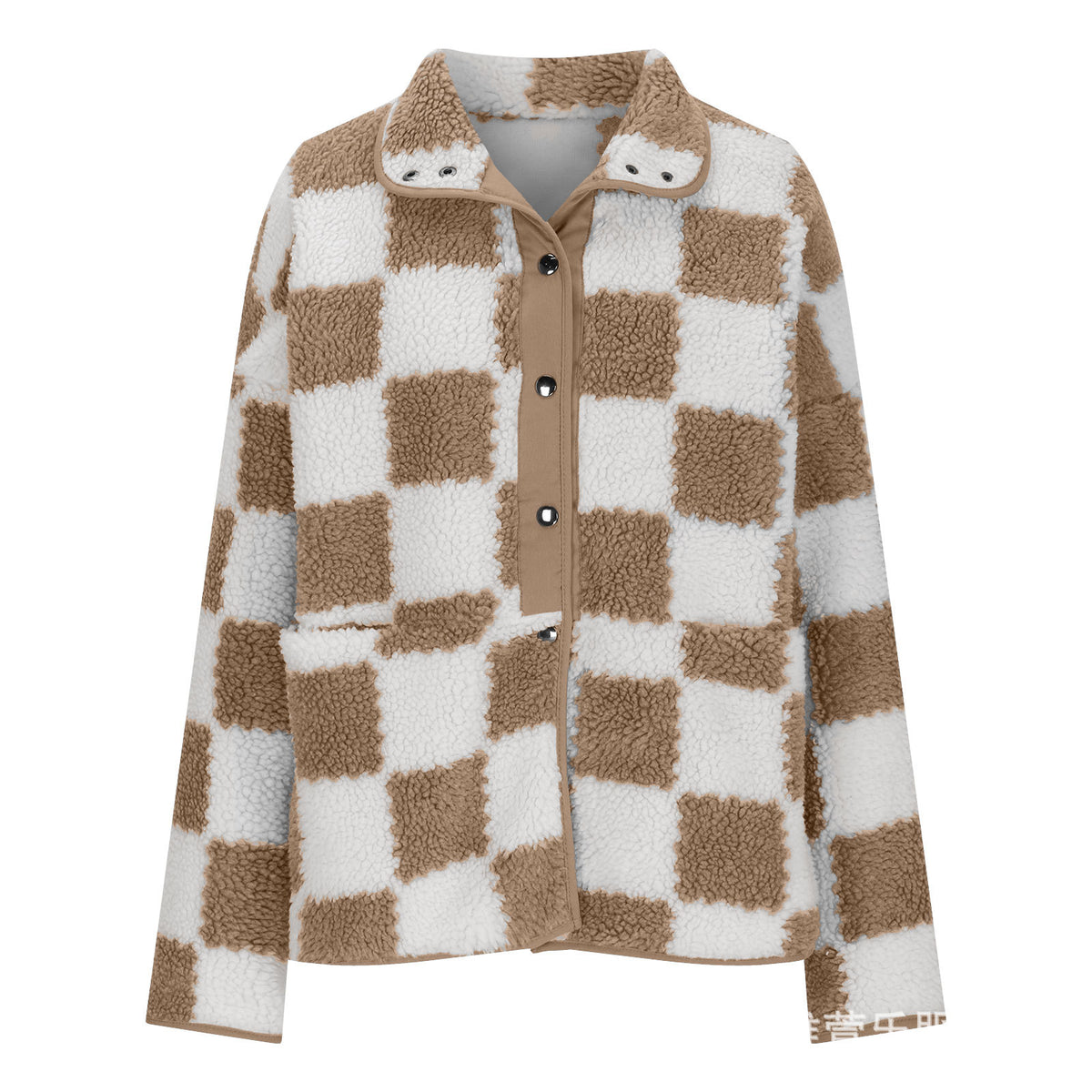 Checkerboard Sherpa Fleece Snap Button Jacket - Khaki