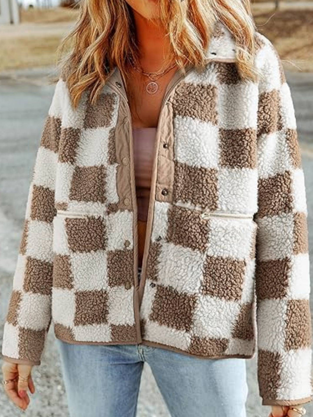 Checkerboard Sherpa Fleece Snap Button Jacket - Khaki - 1
