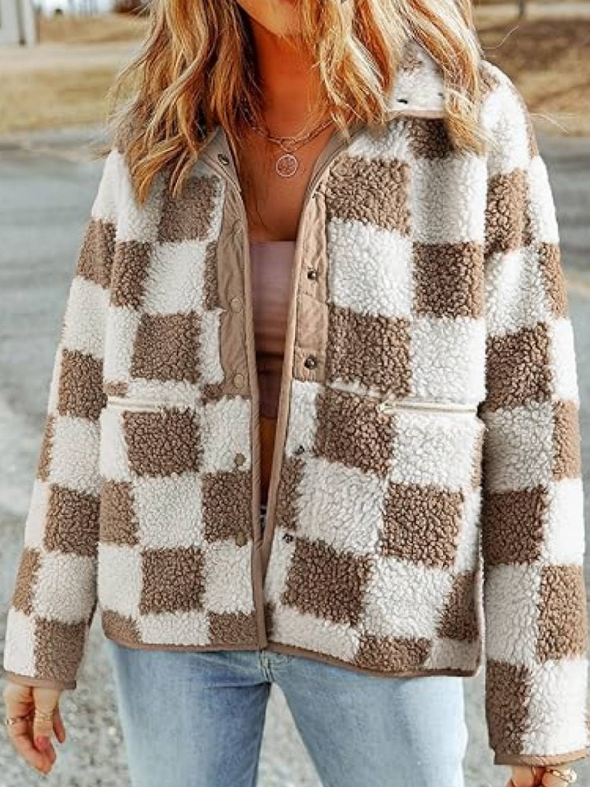 Checkerboard Sherpa Fleece Snap Button Jacket - Khaki - 1