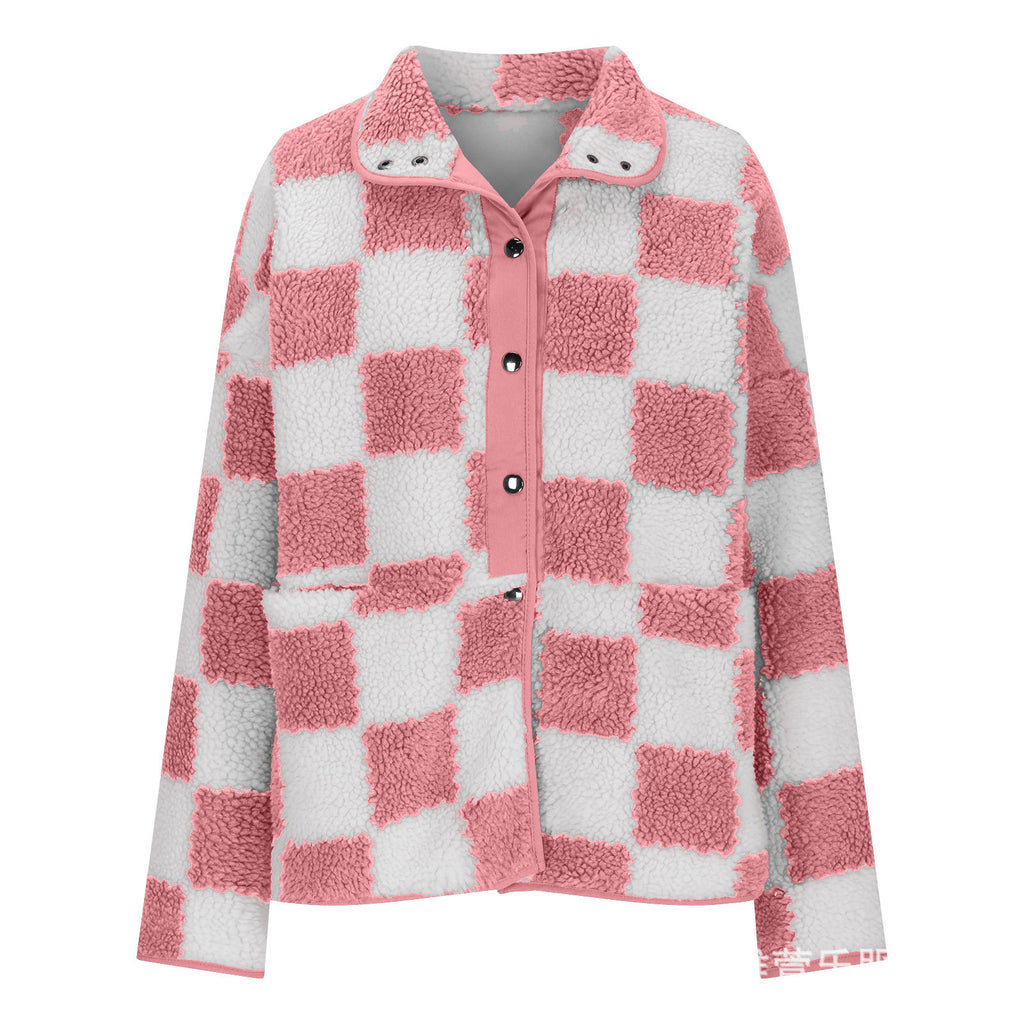 Checkerboard Sherpa Fleece Snap Button Jacket - Pink