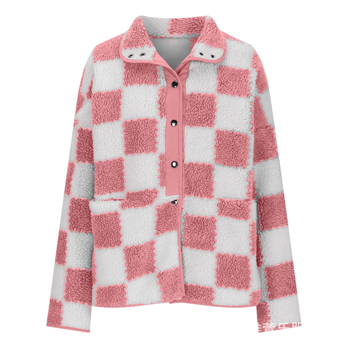 Checkerboard Sherpa Fleece Snap Button Jacket - Pink