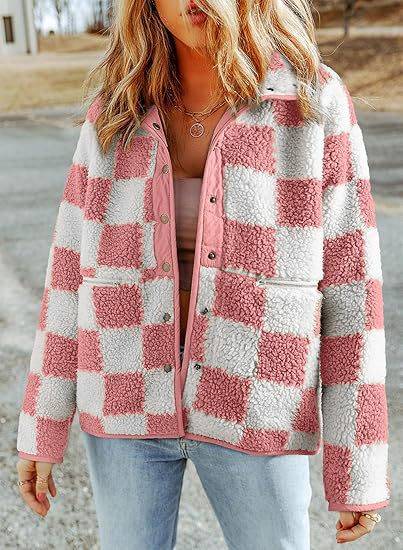 Checkerboard Sherpa Fleece Snap Button Jacket - Pink - 1