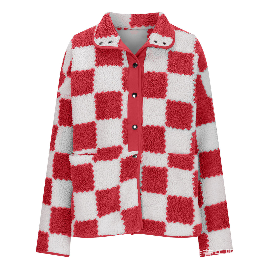 Checkerboard Sherpa Fleece Snap Button Jacket - Red