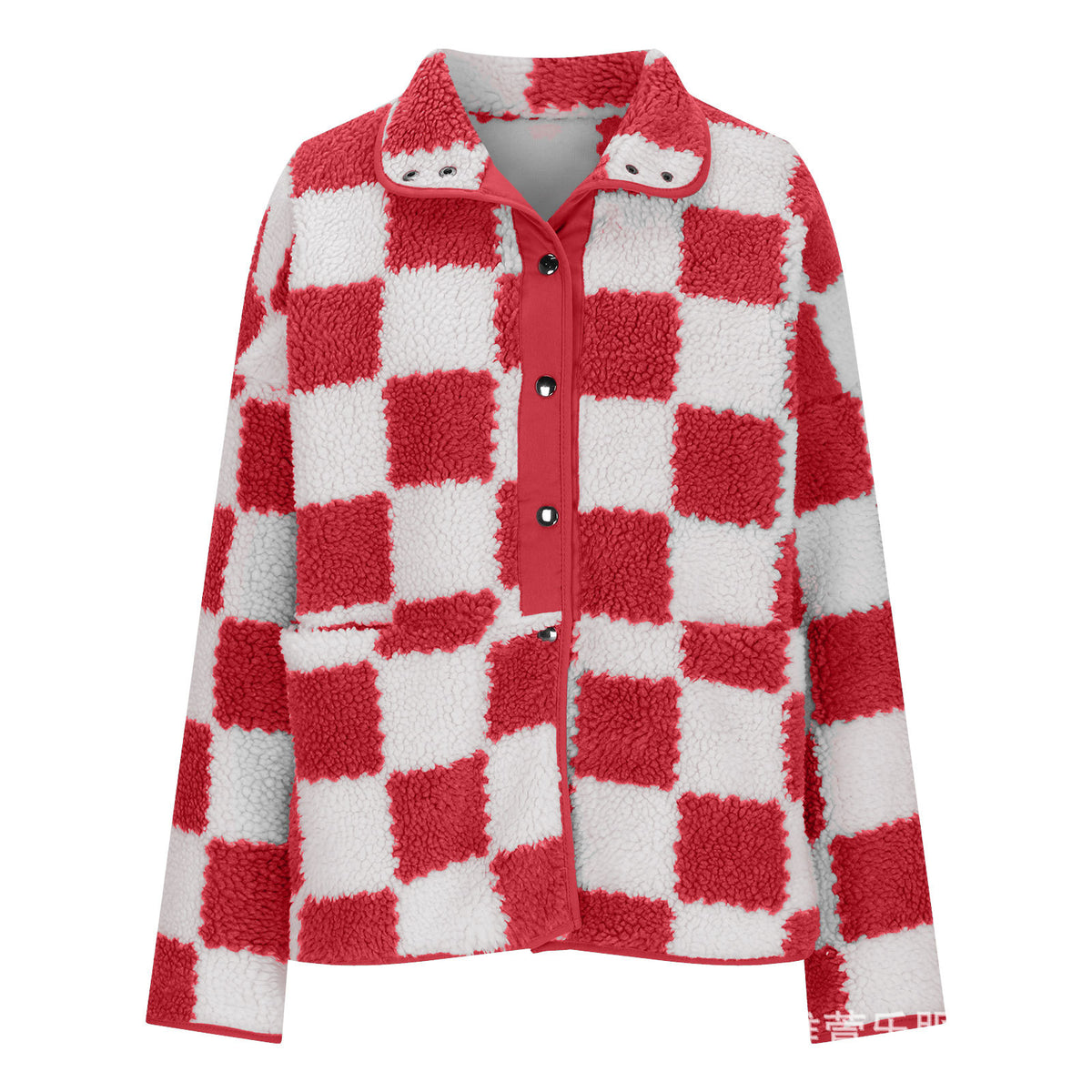 Checkerboard Sherpa Fleece Snap Button Jacket - Red