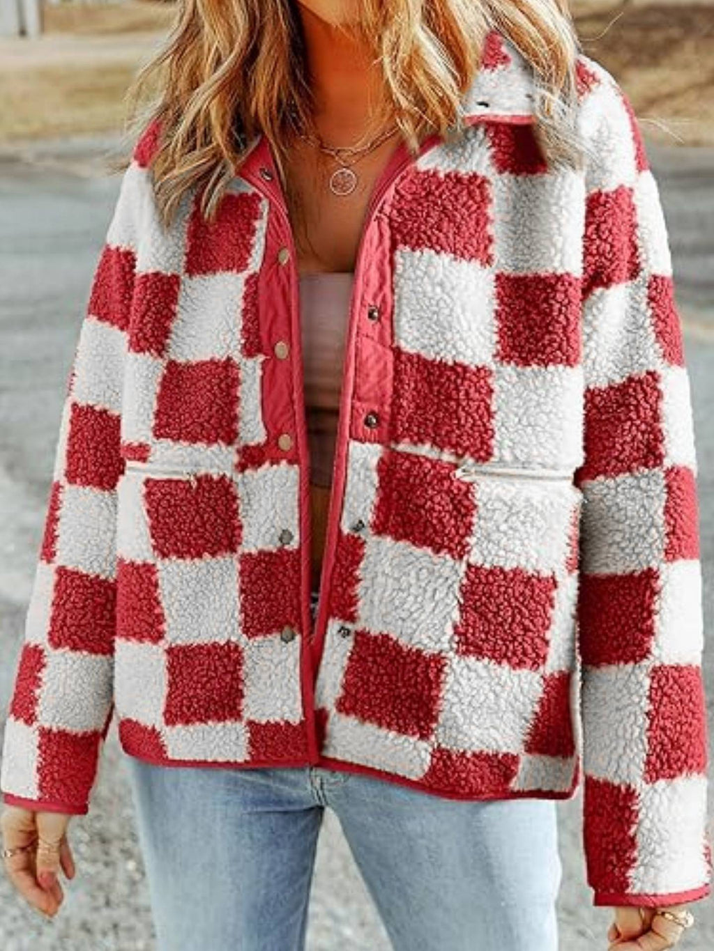 Checkerboard Sherpa Fleece Snap Button Jacket - Red - 1