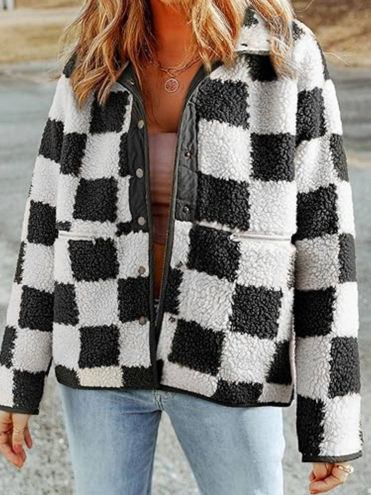 Checkerboard Sherpa Fleece Snap Button Jacket