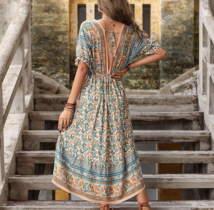 Boho Border Print High Low Midi Dress - Apricot - 1