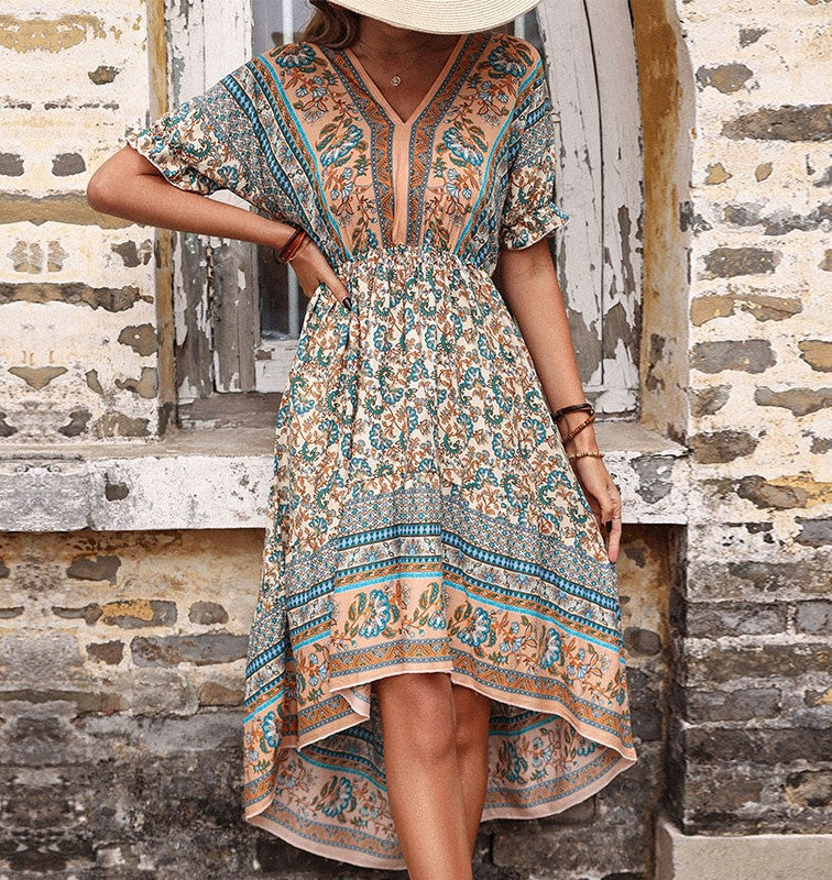 Boho Border Print High Low Midi Dress - Apricot - 4