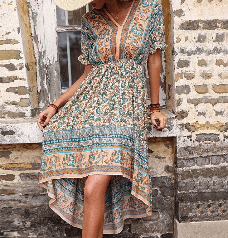 Boho Border Print High Low Midi Dress - Apricot - 5