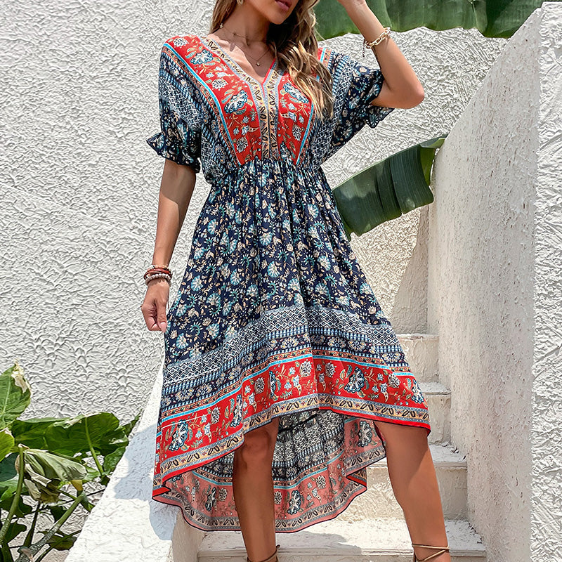Boho Border Print High Low Midi Dress - Dark blue - 3