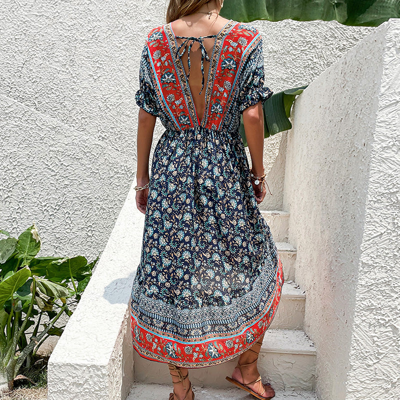 Boho Border Print High Low Midi Dress - Dark blue - 4