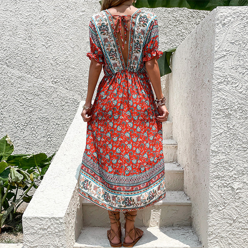 Boho Border Print High Low Midi Dress - Wine - 2