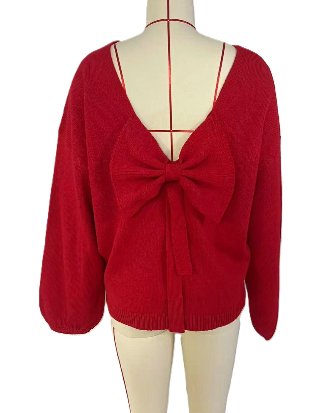 Open Back Bow Balloon Sleeve Sweater - Red - 1
