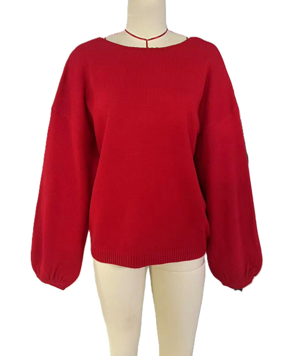 Open Back Bow Balloon Sleeve Sweater - Red - 2