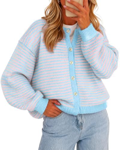 Contrast Trim Striped Knit Cardigan - Blue