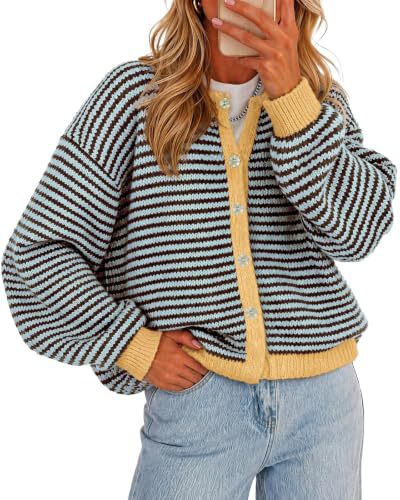 Contrast Trim Striped Knit Cardigan - Coffee