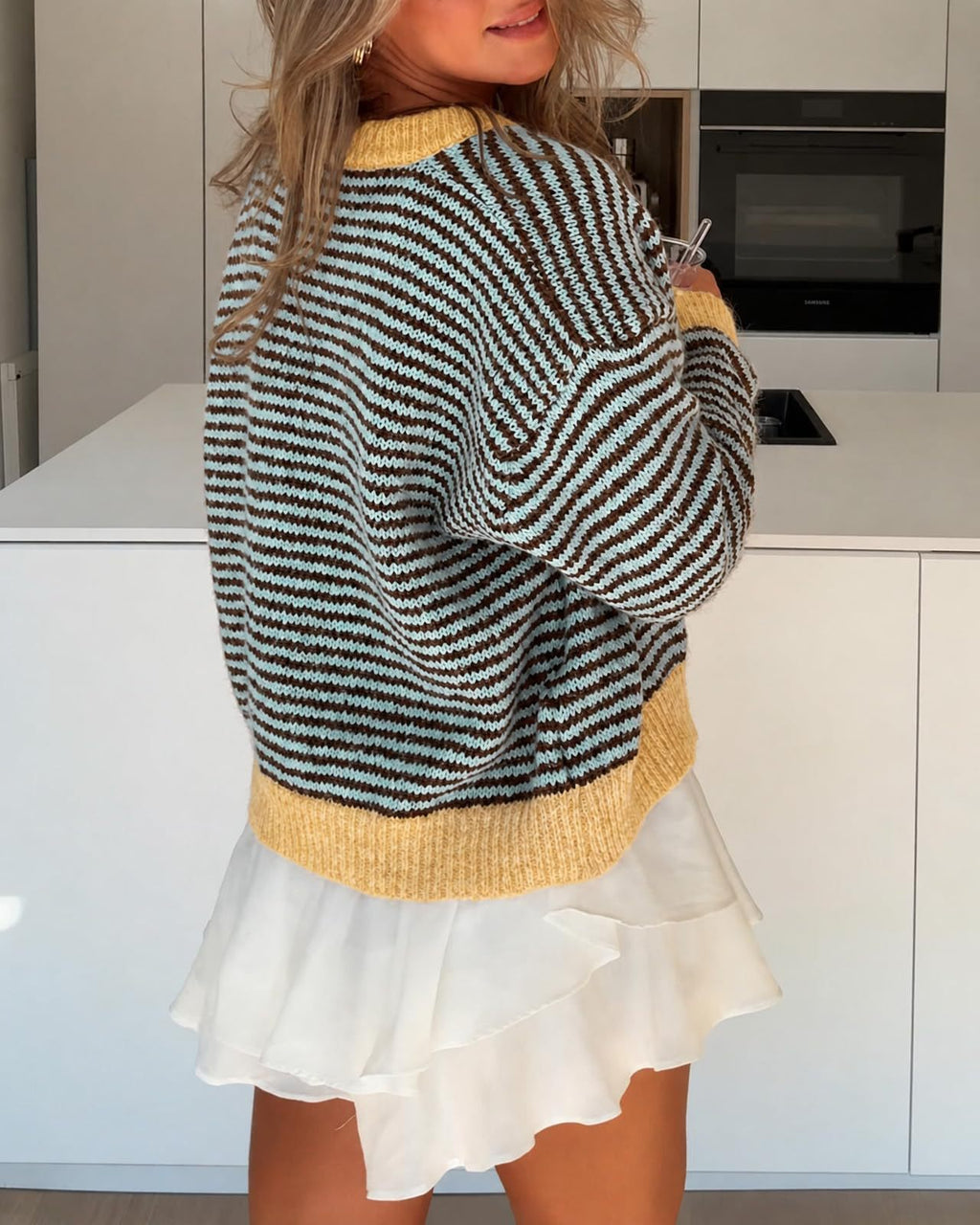 Contrast Trim Striped Knit Cardigan - Coffee - 2
